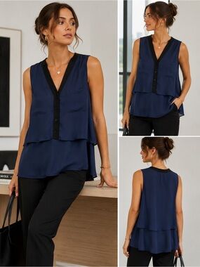 Kismet Navy Layered Sleeveless Blouse Black Trim Minimalist Tunic Top S